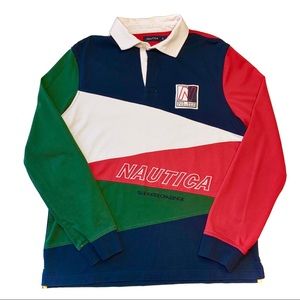 🔘🟡Vintage Nautica Long Sleeve Polo Shirt Large.